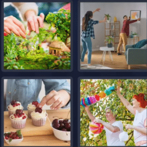 Here’s an SEO-optimized **alt text** for your image:

**Alt Text:**
"Four images showing decorating activities – miniature gardening, home interior setup, cupcake decoration, and hanging colorful outdoor decorations – from the 4 Pics 1 Word Bonus Puzzle for August 7, 2025. The answer is 'DECORATE' under the theme 'Colorful Delight'."

Let me know if you need a shorter version or one tailored for mobile performance.